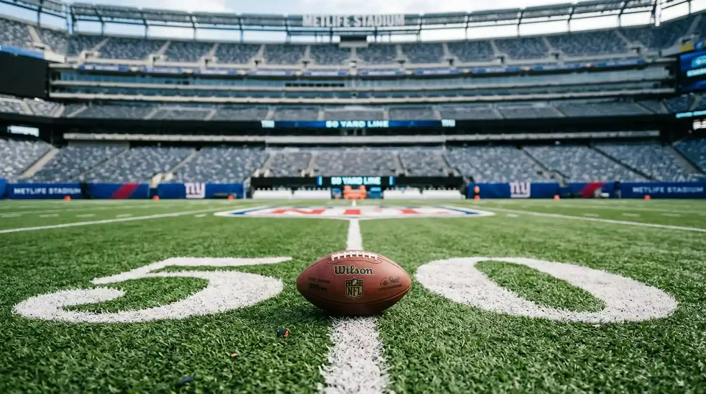 An American football sitting alone on the green turf of an empty NFL stadium