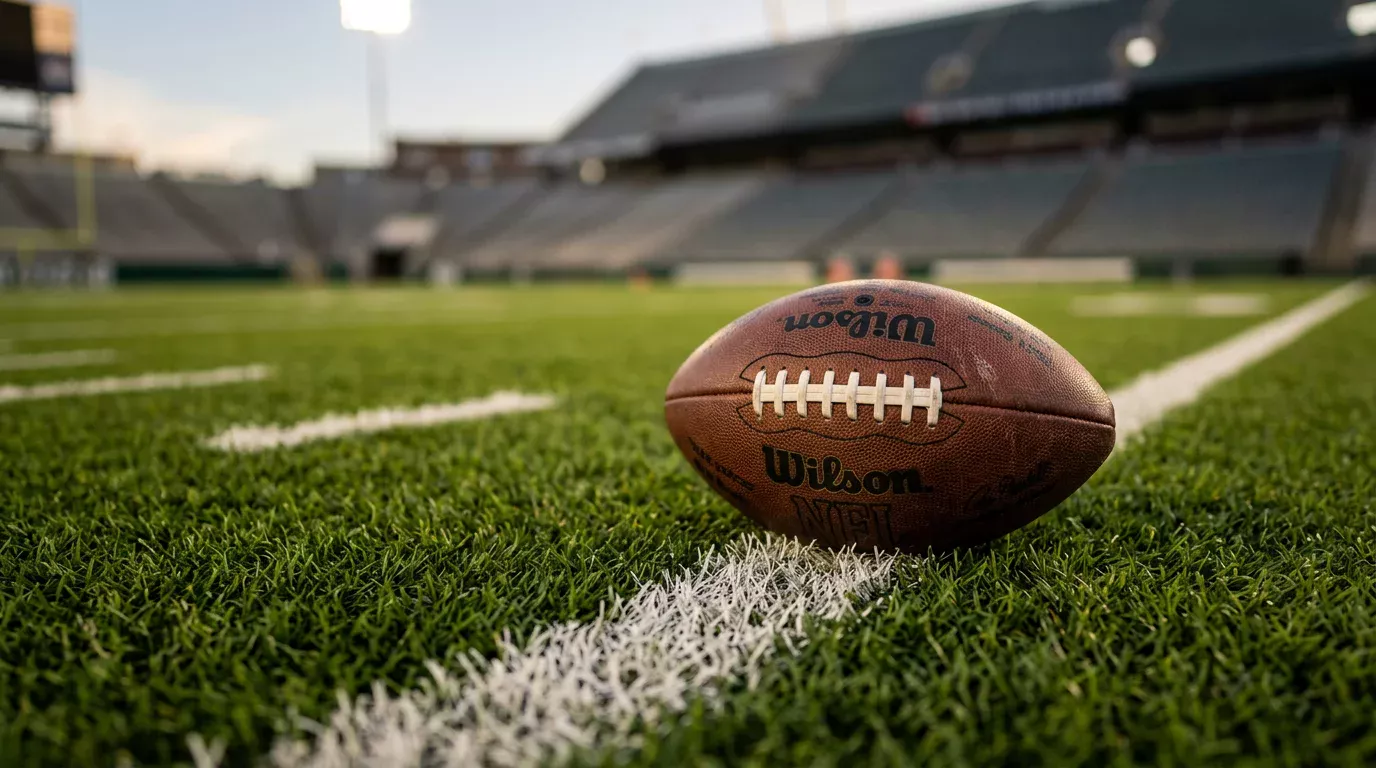An American football resting on the marked grass of an NFL field, illustrating player props for passing, rushing and receiving yards